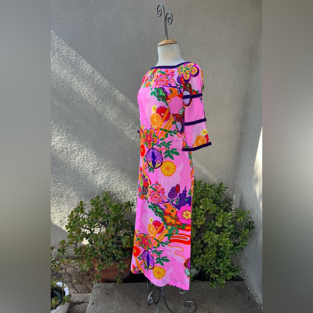 Neon Japanese fabric long dress with purple velvet trim XXS Handmade